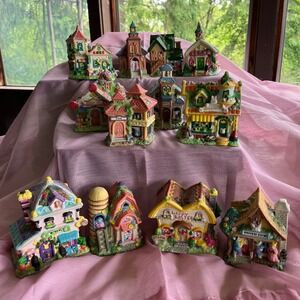 12pc Easter Bunny Village Set Porcelain Miniature Houses